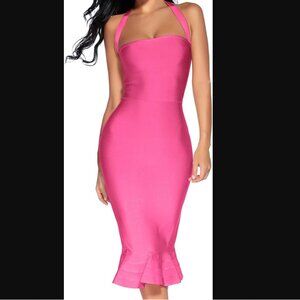 (L) NWOT HOT PINK & Sexy Halter Fishtail Bandage Bodycon Dress